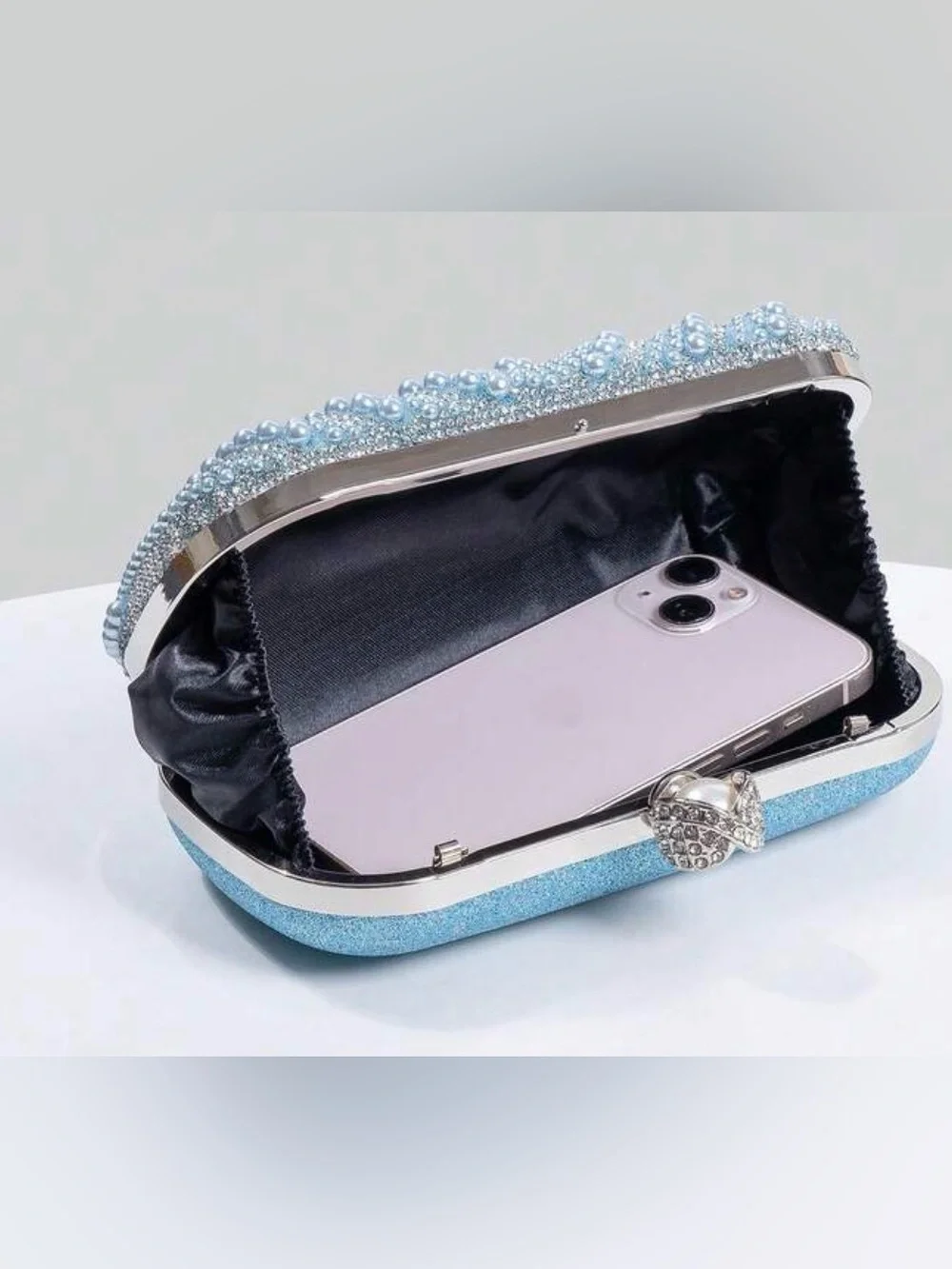 Pearl & Crystal Embellished Clutch - Blue